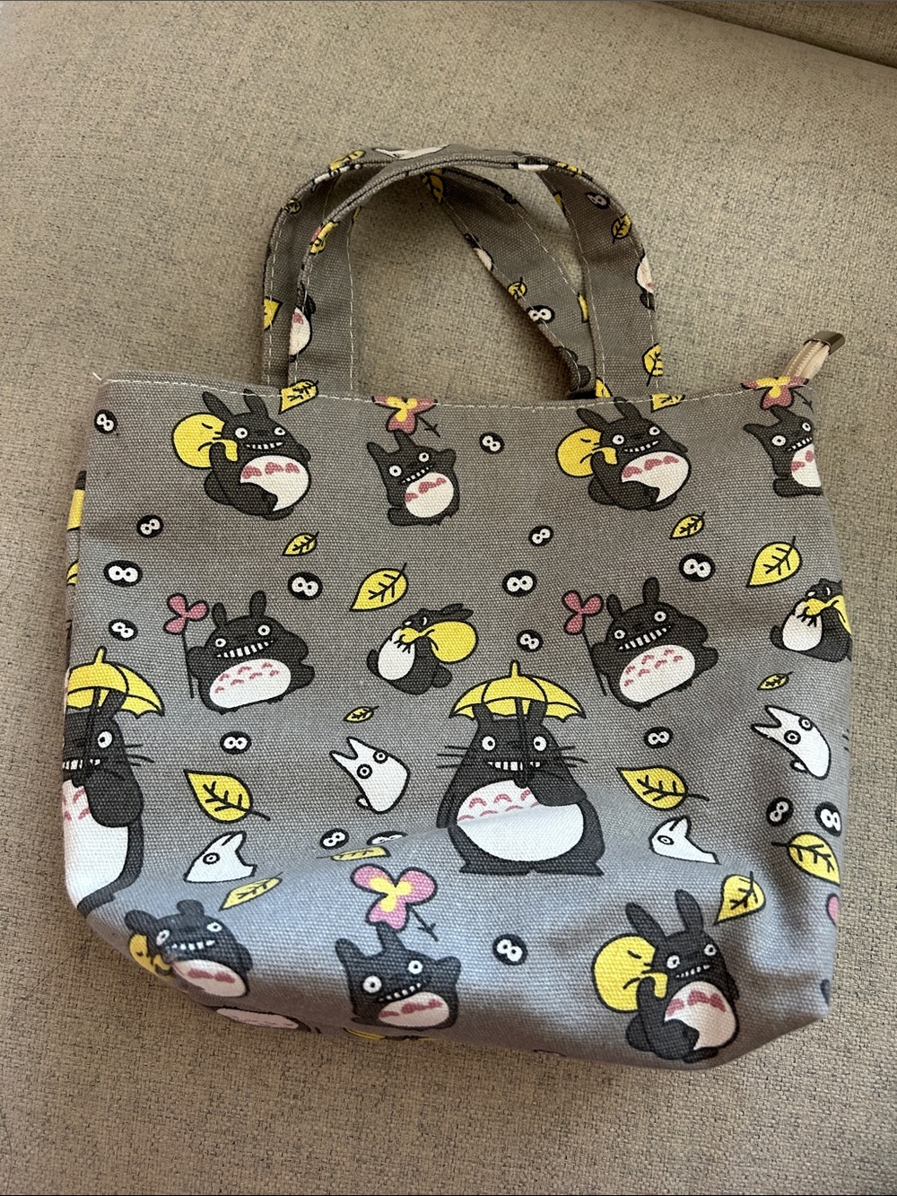 Gray Canvas Tote with Cute Cartoon Print